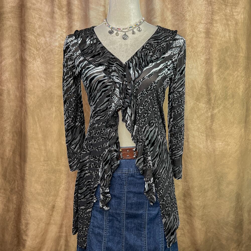Vintage Ruffled Cardigan Top 90s 3/4 Sleeve Burnout Animal Print Velour Euro Y2K
